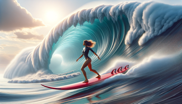 DALLE 2023 12 21 16.31.22 A digital art depiction of a female surfer conquering a gigantic formidable wave. The surfer is a skilled woman with a fit physique confidently cont